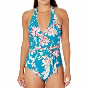 La Blanca 12 NWT Orchid Floral‎ Halter Tortoise Ring Belted Wrap Swimsuit